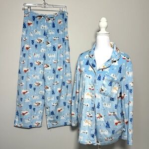 Karen Neuburger Encore Blue Dog Print Fleece Pajamas Holiday Cozycore Set Size M